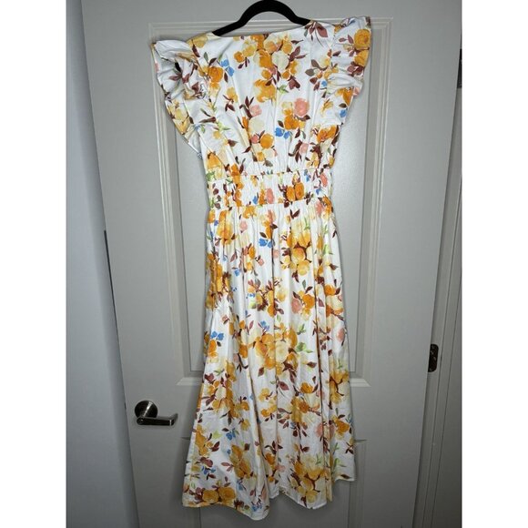 Abercrombie NWT Flutter Sleeve Orange Floral Midi Dress Small V Neck Sleeveless - Picture 3 of 7